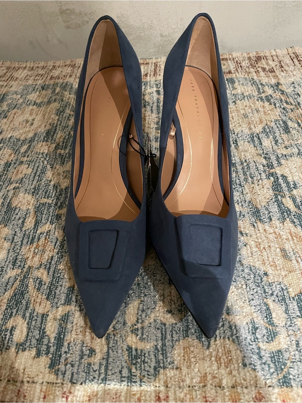 Zara NWT Blue Suede Pumps with Decorative Square Accent